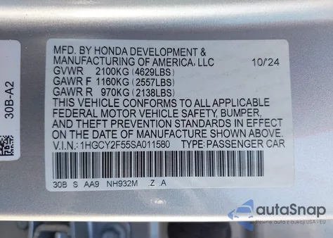 2025 Honda Accord Hybrid Sport from USA, damaged, VIN 1HGCY2F55SA011580